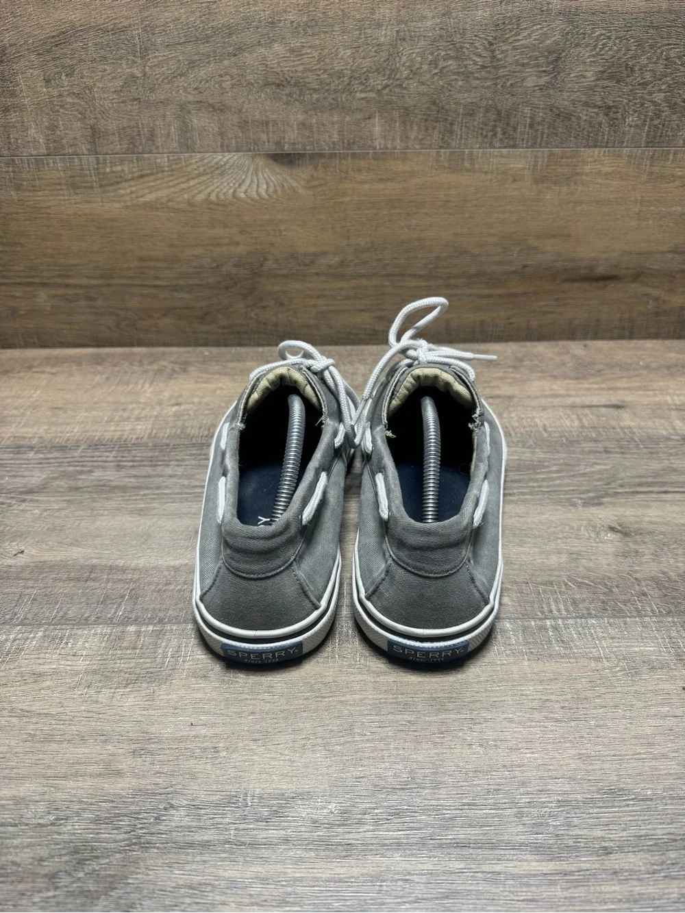 Sperry Gray Canvas Boat Shoes with White Laces